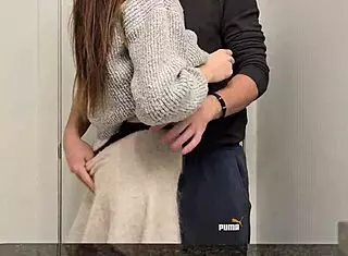 Petite student in miniskirt gets bent over for doggystyle in public bathroom