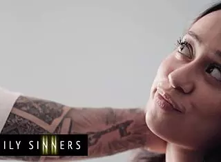 Hot step daughter discovers step dad masturbating and offers a suggestive blowjob assistance