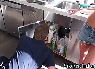 teen stepdaughter gets soaked pussy from father in law's blowjob