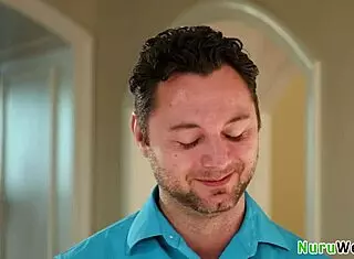 Busty teen masseuse prepares client for nuru in shower with brad sterling