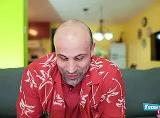 Petite blonde deepthroats big cock roughly.