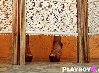 hot blonde milf performing striptease outdoors in lingerie