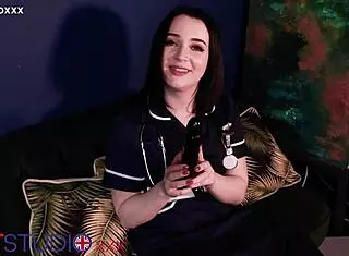 Look at this sexy young British nurse stretching her wet pussy with the fucking machine!