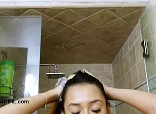 Adorable brunette beauty took a shower.