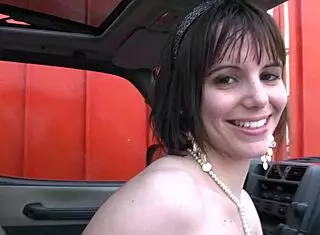 French cutie feels pleasure in car.