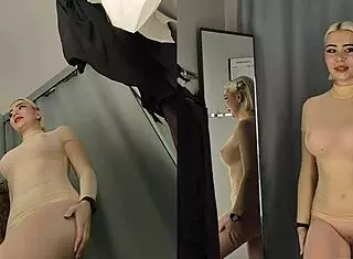 Upskirt view on naked blonde with big tits sexy try on haul transparent clothes in the fitting room by mycandyalice