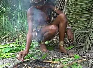 Hot African Native Woman Cooking In The Jungle With Small Waist And Skinny Body