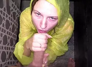 Horny girlfriend gives deepthroat blowjob in shower with cumshot on face.