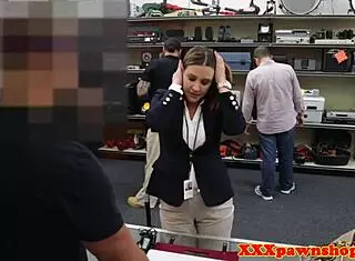 Busty office babe exposes big tits, gets facial while spying at work