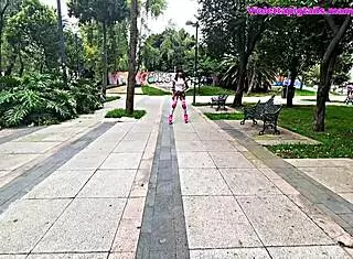 Sissy prostitute in mini skirt and thong skates in the park and gets fucked by a thick cock