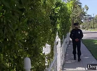 amber moore can't resist man in uniform, deepthroats and licks him.