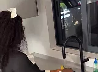 Ebony maid rides boss