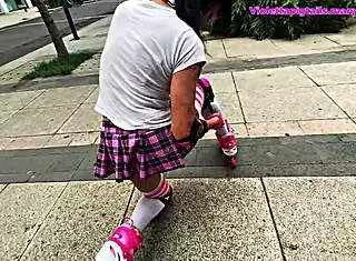 Sissy prostitute in mini skirt and thong skates in the park and gets fucked by a thick cock