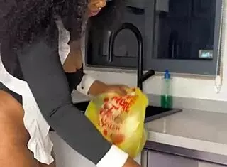 Ebony maid rides boss