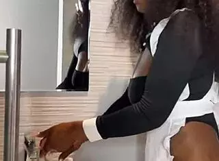 Ebony maid rides boss