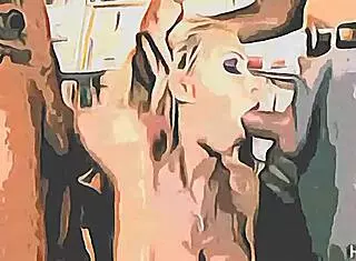 blonde girl with big tits in threesome blowjob action
