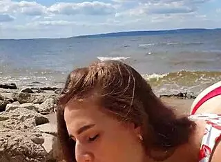 Teen Sucking Cock Outdoors on River Close-Up