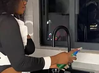 Ebony maid rides boss