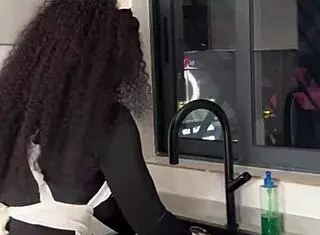 Ebony maid rides boss