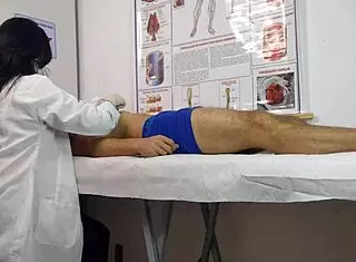 Dick rises in front of cute nurse