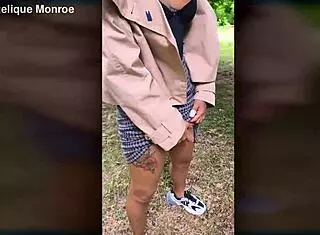 Shemale tranny pees in park with ladydick and crossdressing