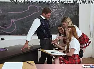 cute teen 18+s learn about cocks in uniform group handjob with lucky teacher participating