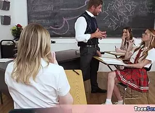 cute teen 18+s learn about cocks in uniform group handjob with lucky teacher participating