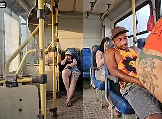 married brunette flirts with a stranger on the bus, ends up sucking his big cock