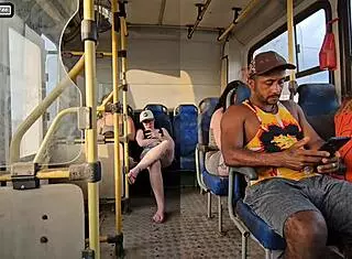 married brunette flirts with a stranger on the bus, ends up sucking his big cock