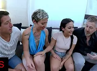 foursome with two cute teen sluts riding and fingering