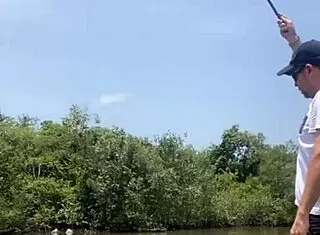 fishing in short shorts flashing
