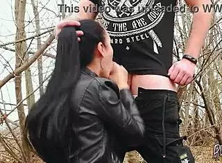 Long haired brunette teen 18+ gets facefucked in leather outdoors