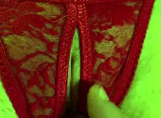 Shaved Hairless Pussy In Red Thong Panties Getting Wet From Fingering