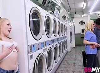 Stepmom and stepdaughter share steamy moments in laundromat
