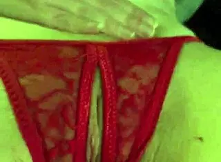 Shaved Hairless Pussy In Red Thong Panties Getting Wet From Fingering