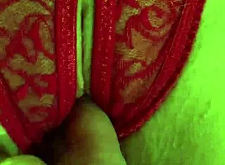 Shaved Hairless Pussy In Red Thong Panties Getting Wet From Fingering