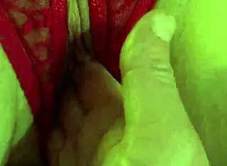 Shaved Hairless Pussy In Red Thong Panties Getting Wet From Fingering