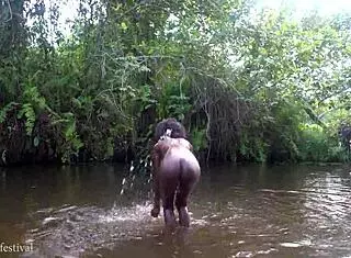 Attractive African Village Girl Bathing In The River Outdoors