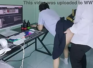 young thai student gets fucked by senior in dorm pov, squirting and moaning loudly in cosplay.