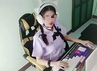 young thai student gets fucked by senior in dorm pov, squirting and moaning loudly in cosplay.