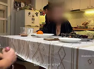 Husband jerks under kitchen table in front of milf stepmom