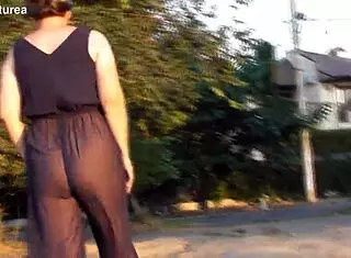 Hairy Mature Flashes In Transparent Outdoor Public Display