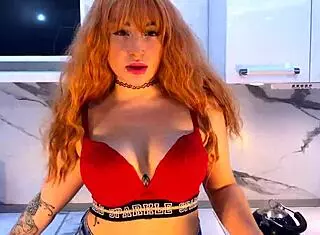 Fantastic passion with red hair fucks tight vagina with huge dildo in kitchen 😍