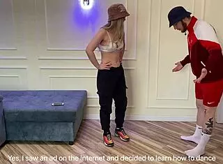 Does this sexy blonde teen fuck her fitness trainer and take cum in pussy?!