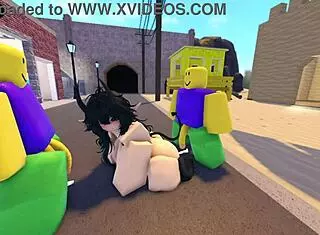 Emma gets banged by three guys on Roblox Whorblox street – intense gangbang action!