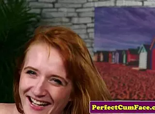 Alluring small 18+tits redhead gets facialized by jizz