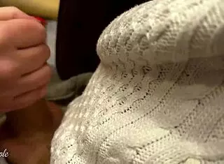 cute babe give blowjob in public toilet after perfect handjob under the table in fast food restaurant p