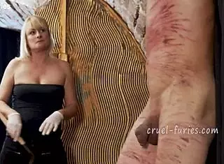 cruel blonde milf whipping guy's cock!