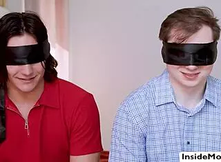 Two milfs blindfold their stepsons and ride big dicks in old and young sex