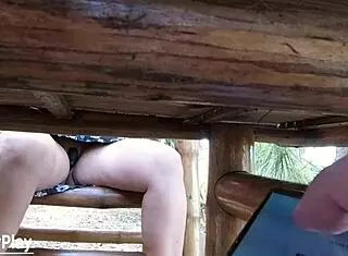remote vibrator controls orgasm for curvy milf in roadside cafe